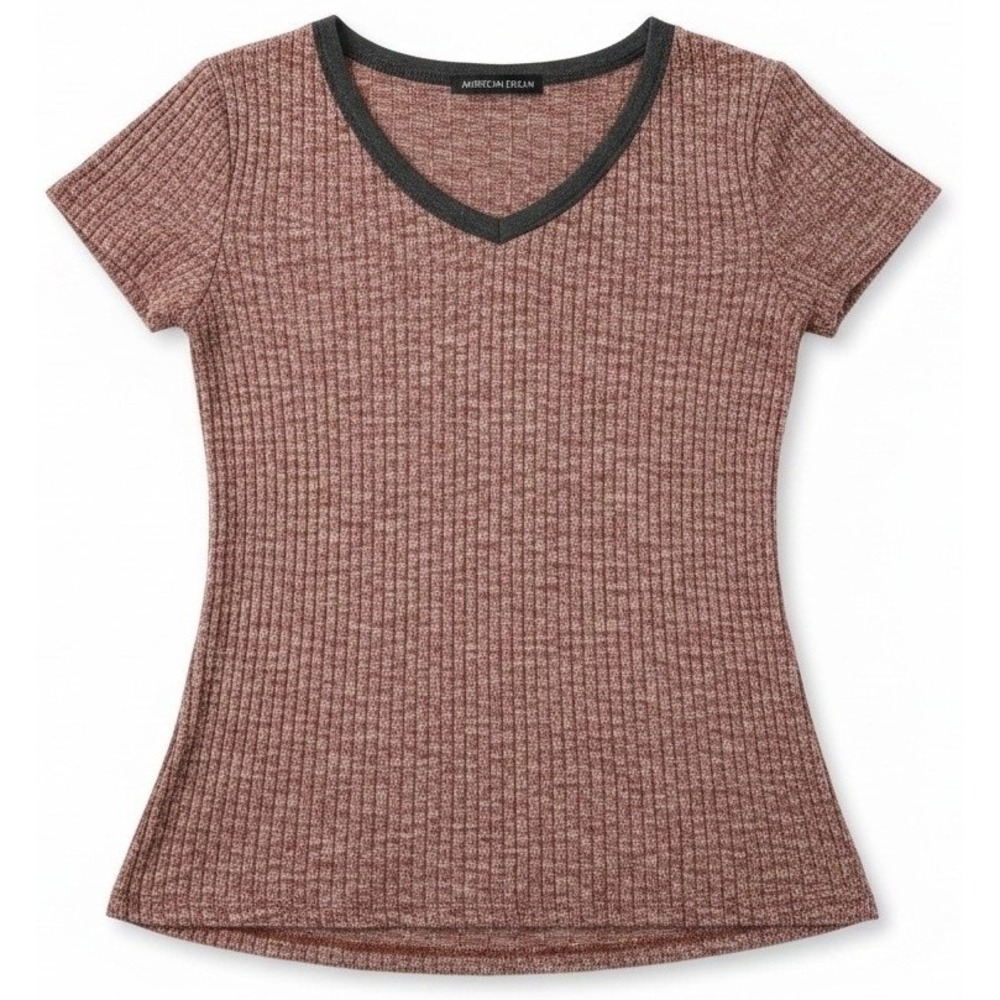 American Dream Women's V-Neck Shirt Medium Short Sleeve Ribbed Knit Top